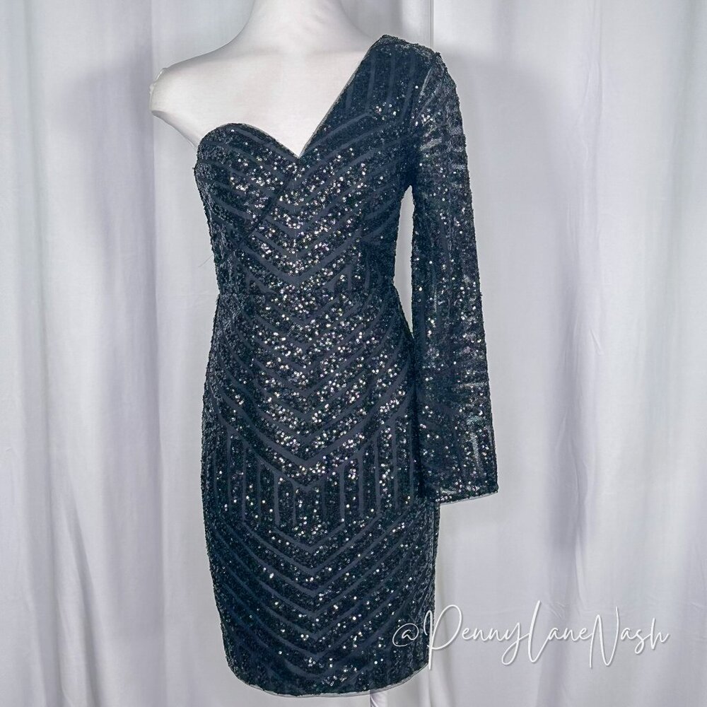 NWT Lumier by Bariano Duckie Sequin One Shoulder Dress Black - Picture 2 of 15